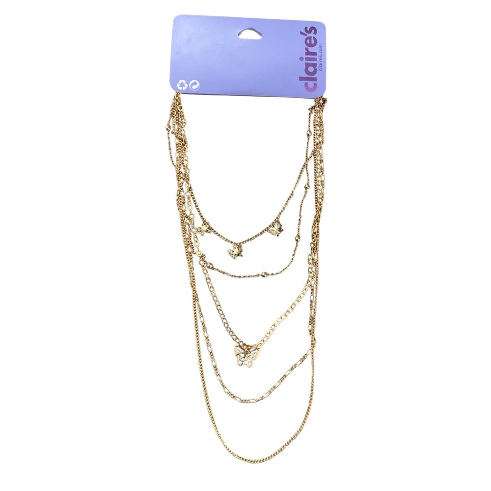 NWT Claire’s Gold Tone 3D Butterfly Multi Strand Choker Necklace Fairy Festival - Picture 6 of 7